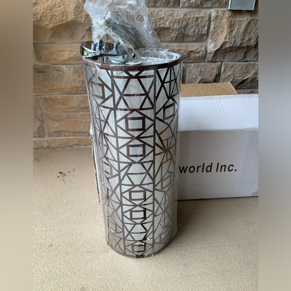 Cylinder Pendant Light Fixture Fabric Brown Rustic Pattern BRAND NEW Works 24”L